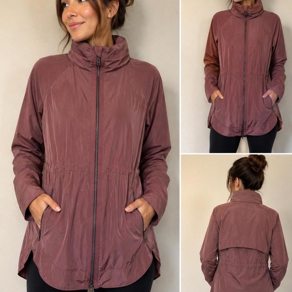 Athleta Drip Drop Jacket Medium Rose Mauve Hooded Water Resistant Rain Jacket